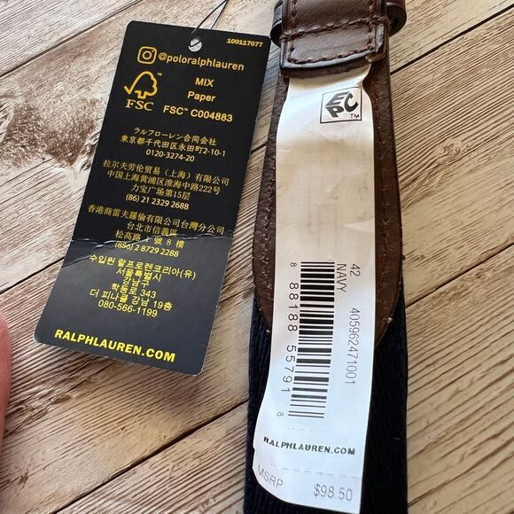 POLO RAPLH LAUREN Bear Logo Leather Trim Men’s Belt Sz 42 Newport Navy Blue NWT - Picture 6 of 7